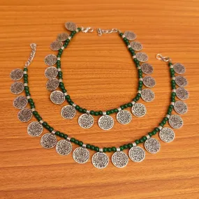 GREEN BEADS SILVER COIN ANKLETS