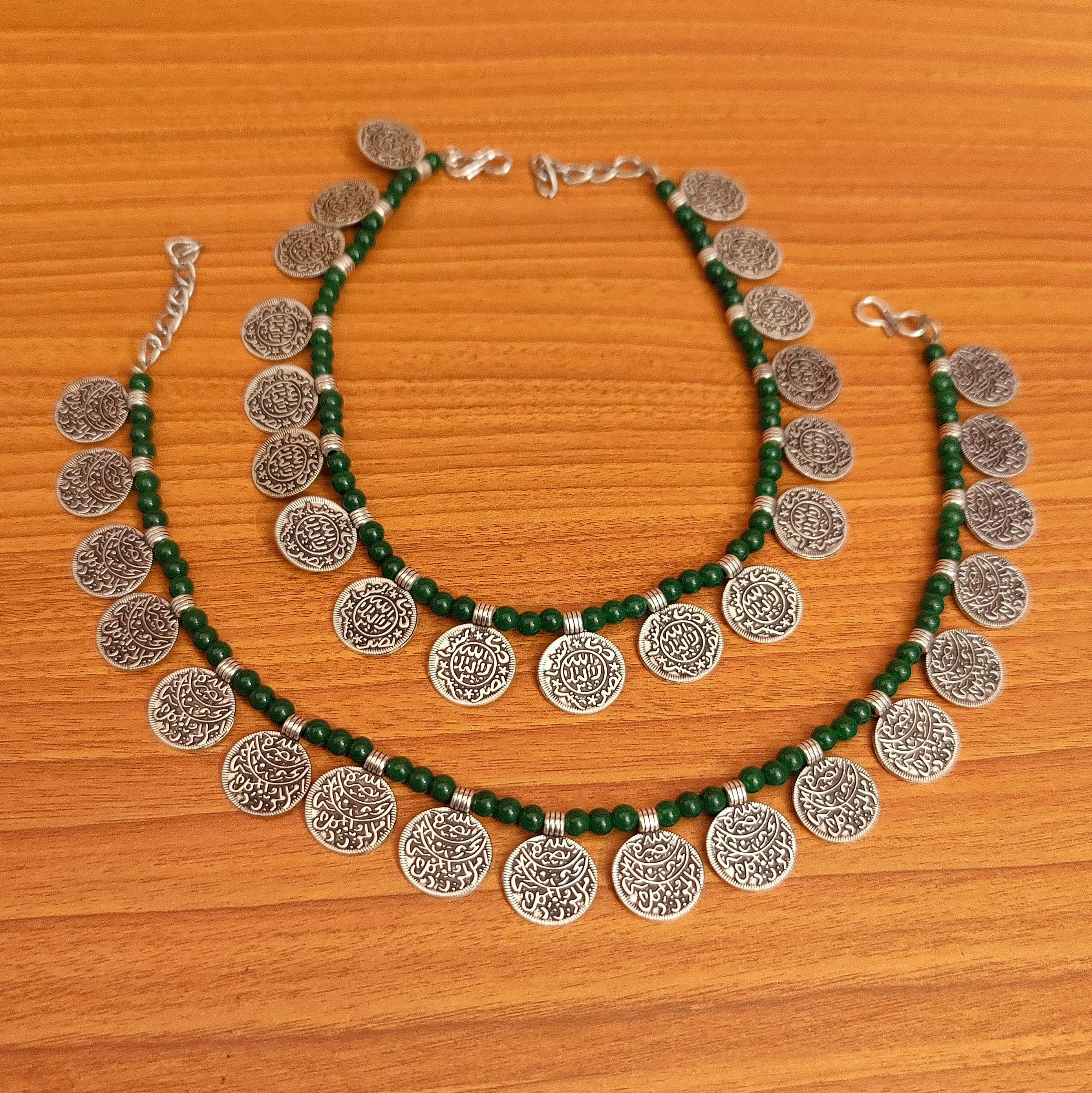 GREEN BEADS SILVER COIN ANKLETS