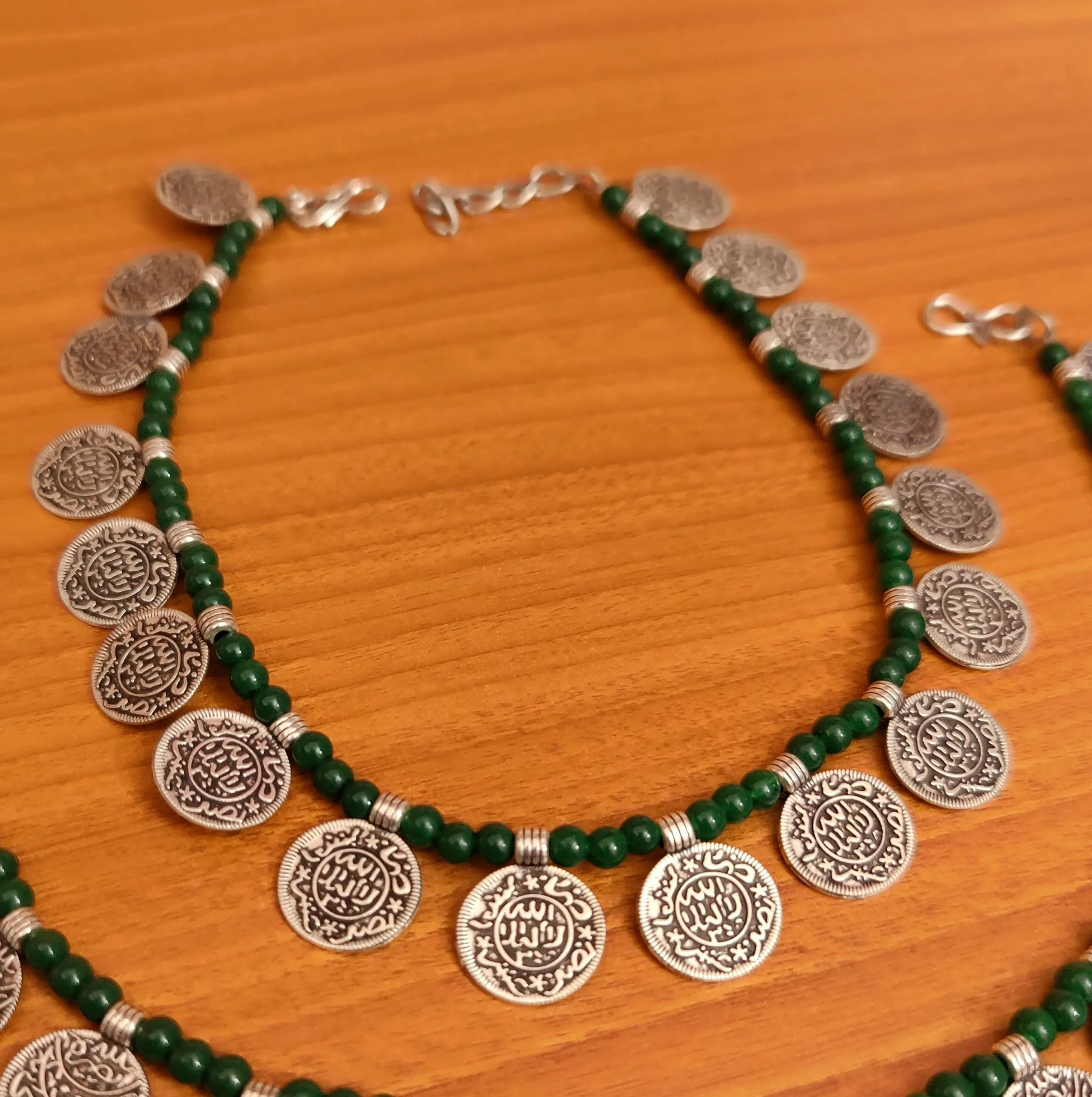 GREEN BEADS SILVER COIN ANKLETS
