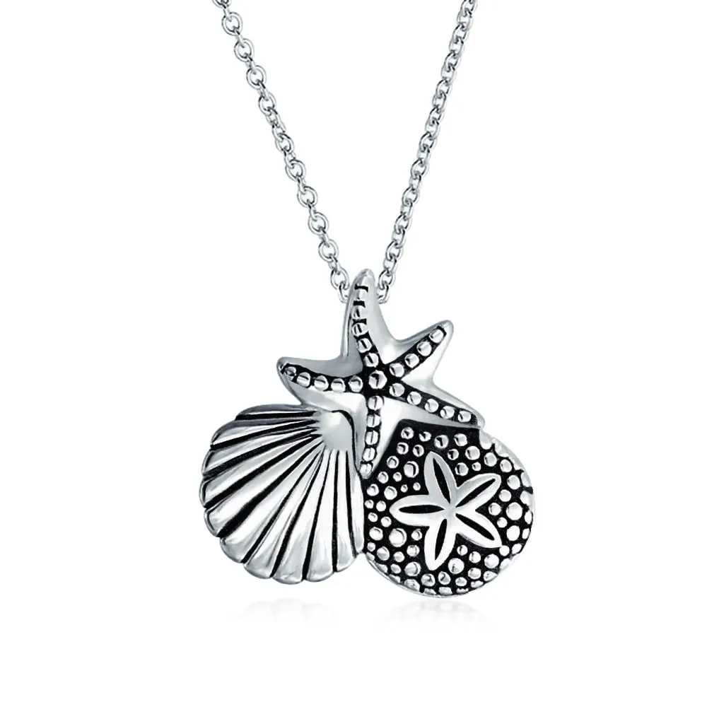 Hawaiian Seaside Pendant Necklace Sand Dollar Starfish Seashell in Silver