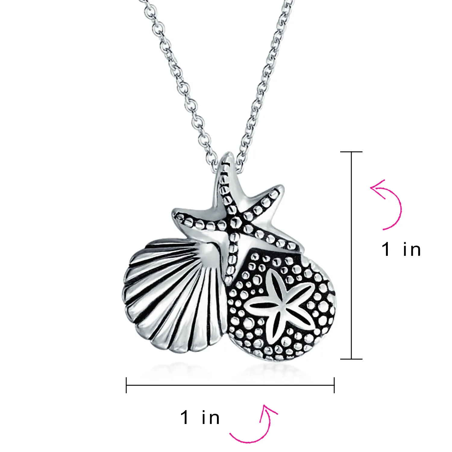 Hawaiian Seaside Pendant Necklace Sand Dollar Starfish Seashell in Silver