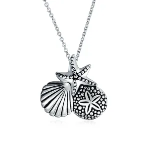 Hawaiian Seaside Pendant Necklace Sand Dollar Starfish Seashell in Silver