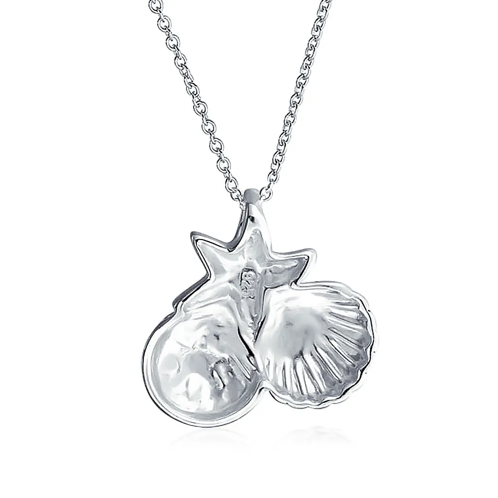Hawaiian Seaside Pendant Necklace Sand Dollar Starfish Seashell in Silver