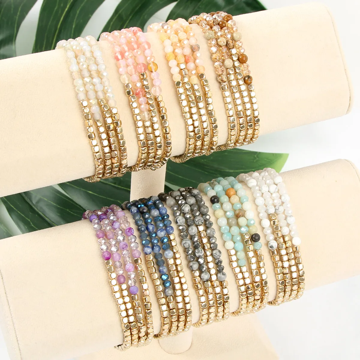 Hdb2274 - Brass, Stone, Glass Four Set Beads Bracelet