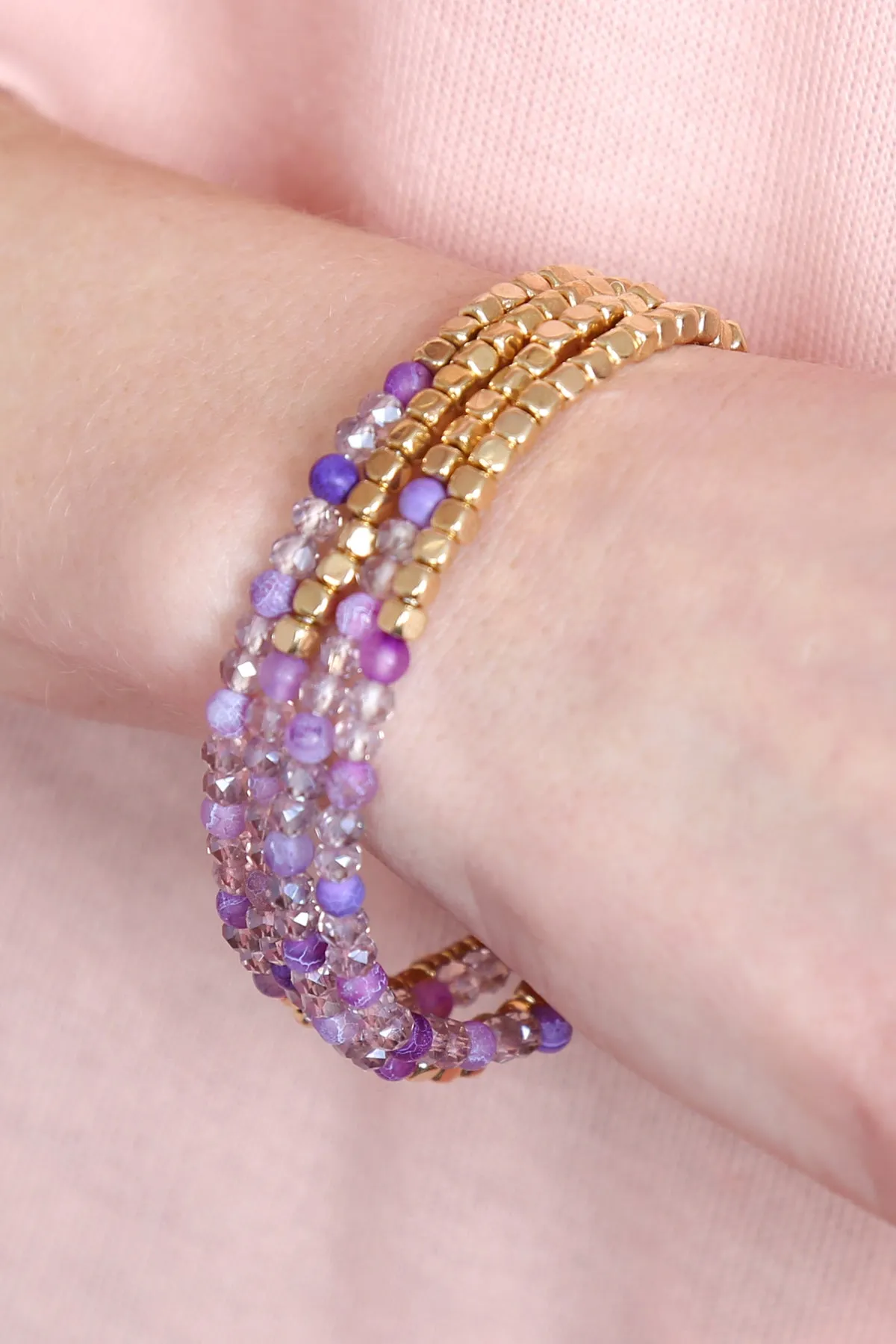 Hdb2274 - Brass, Stone, Glass Four Set Beads Bracelet