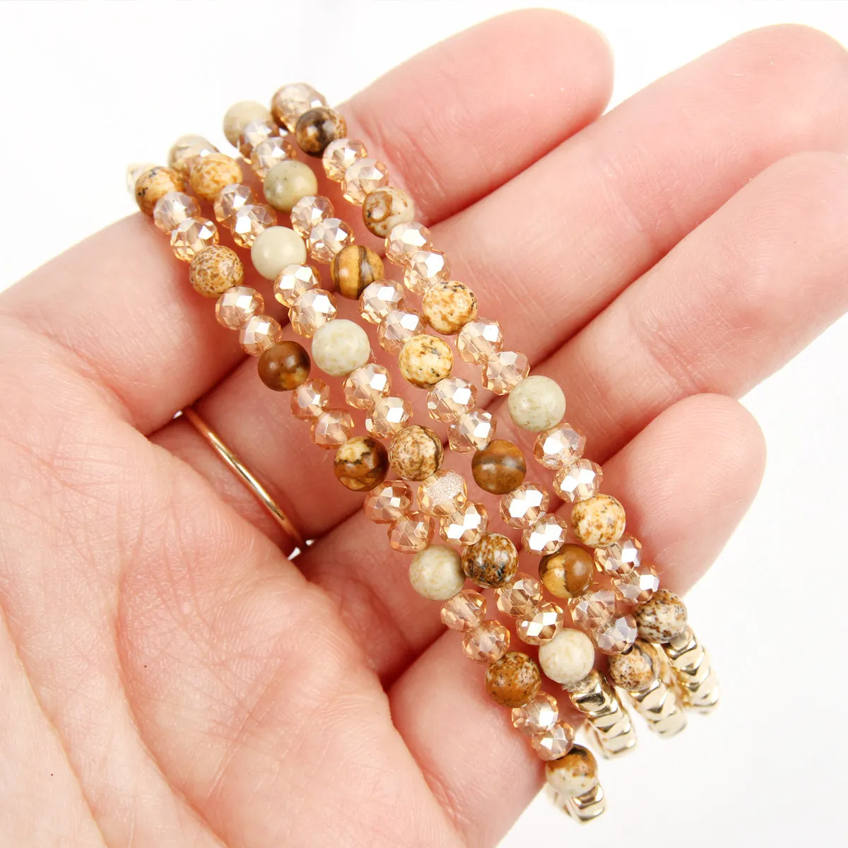 Hdb2274 - Brass, Stone, Glass Four Set Beads Bracelet