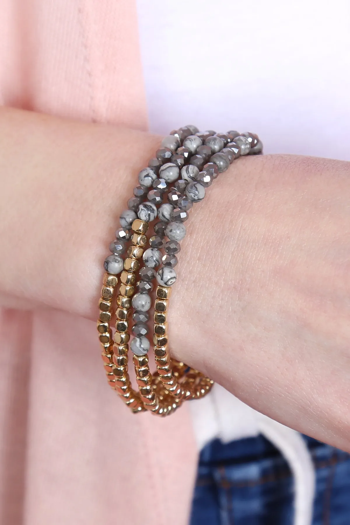 Hdb2274 - Brass, Stone, Glass Four Set Beads Bracelet