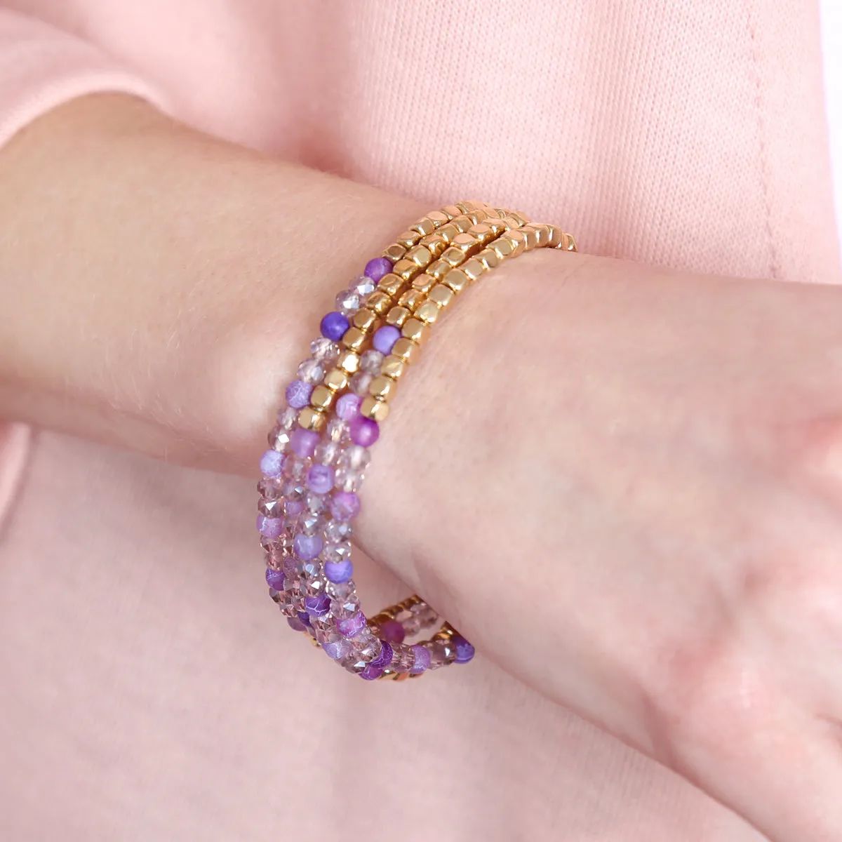 Hdb2274 - Brass, Stone, Glass Four Set Beads Bracelet