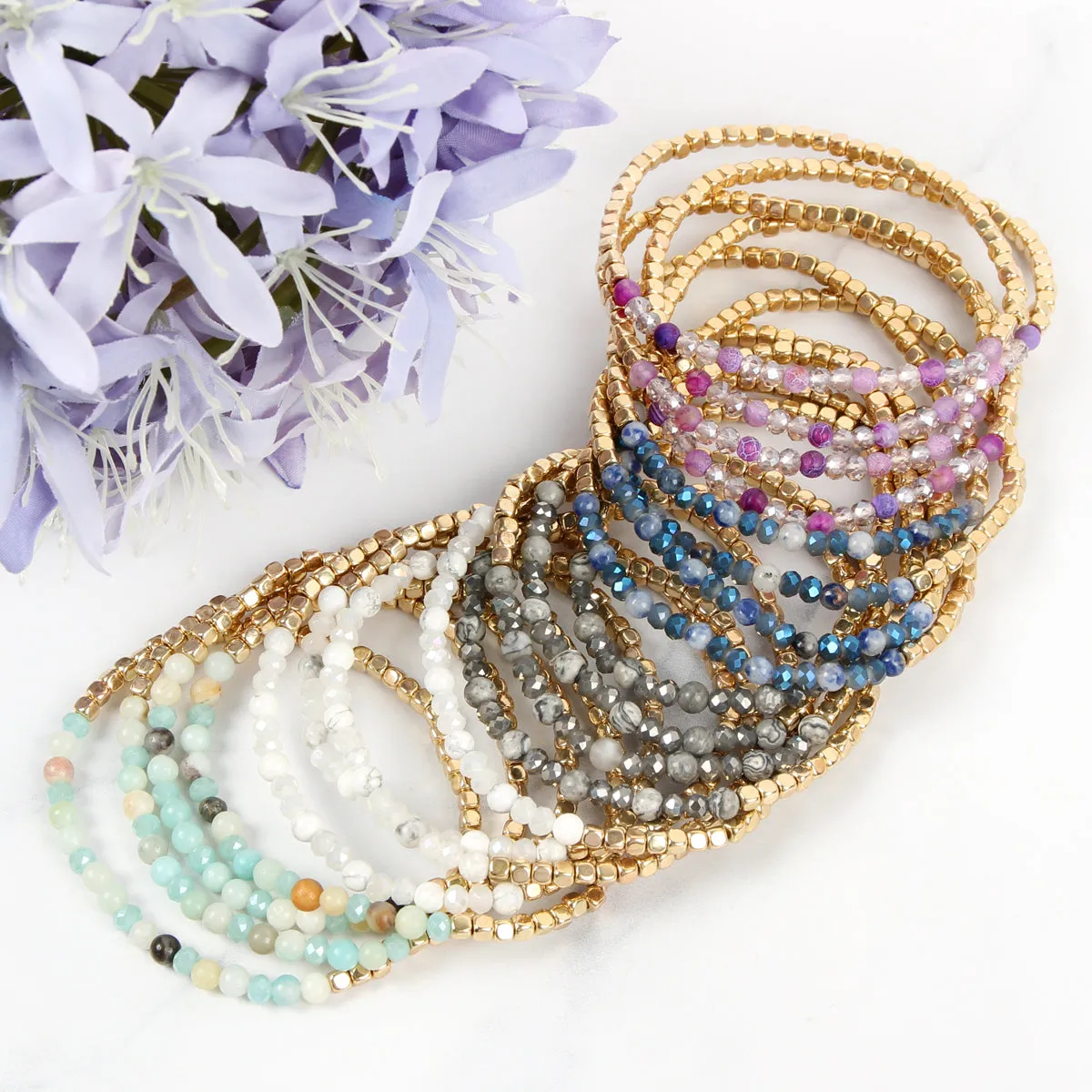 Hdb2274 - Brass, Stone, Glass Four Set Beads Bracelet