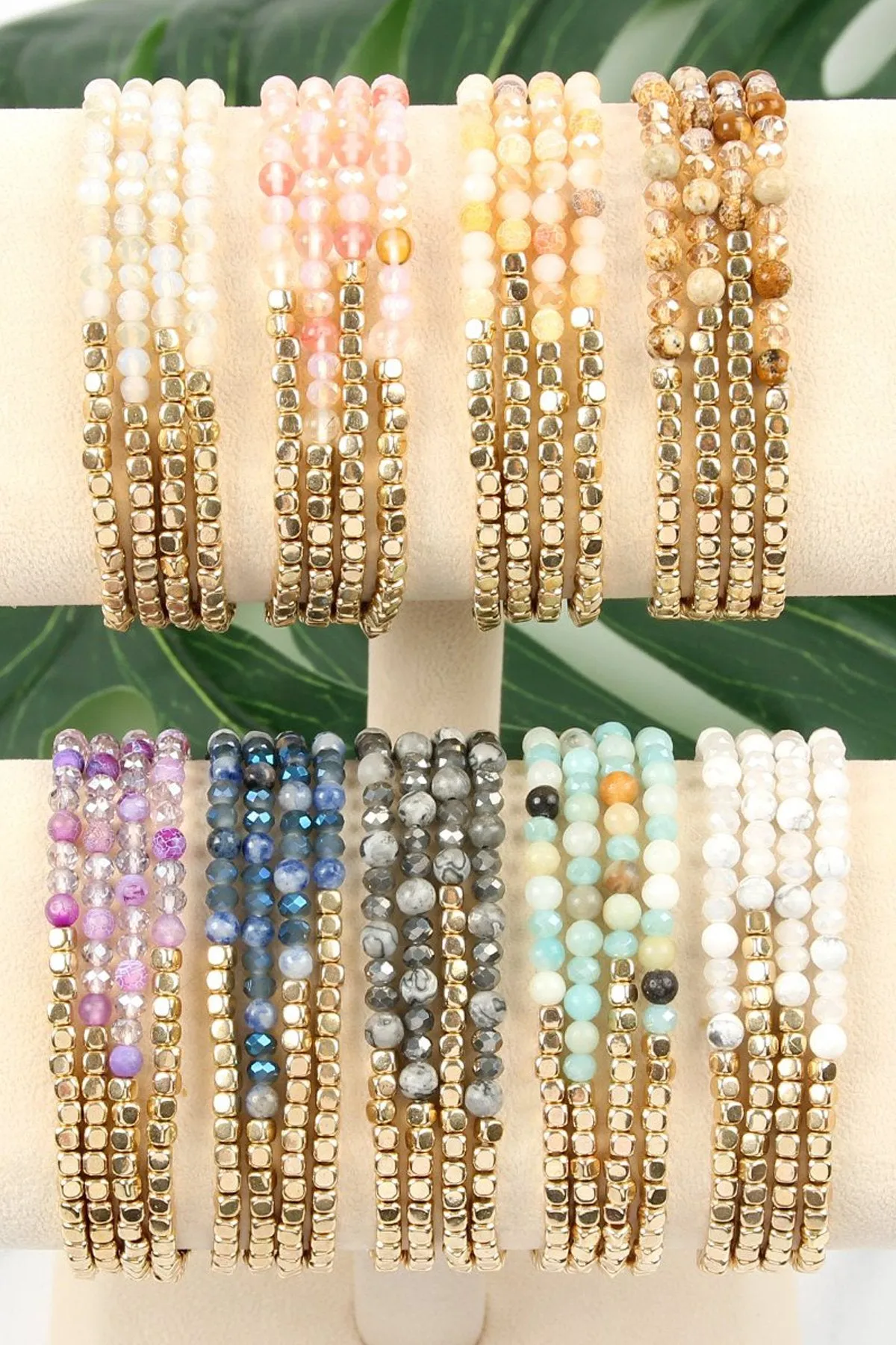 Hdb2274 - Brass, Stone, Glass Four Set Beads Bracelet