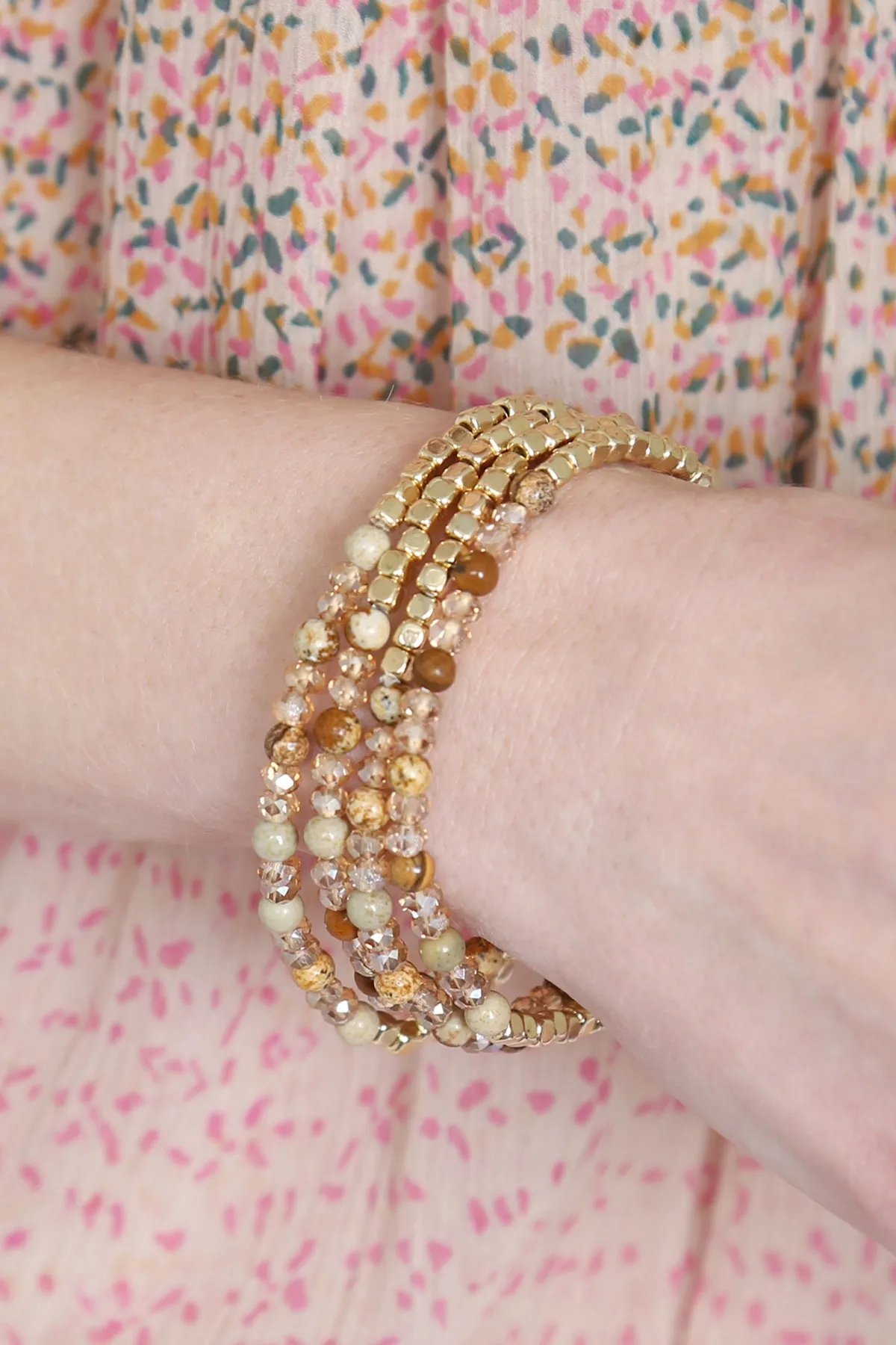 Hdb2274 - Brass, Stone, Glass Four Set Beads Bracelet