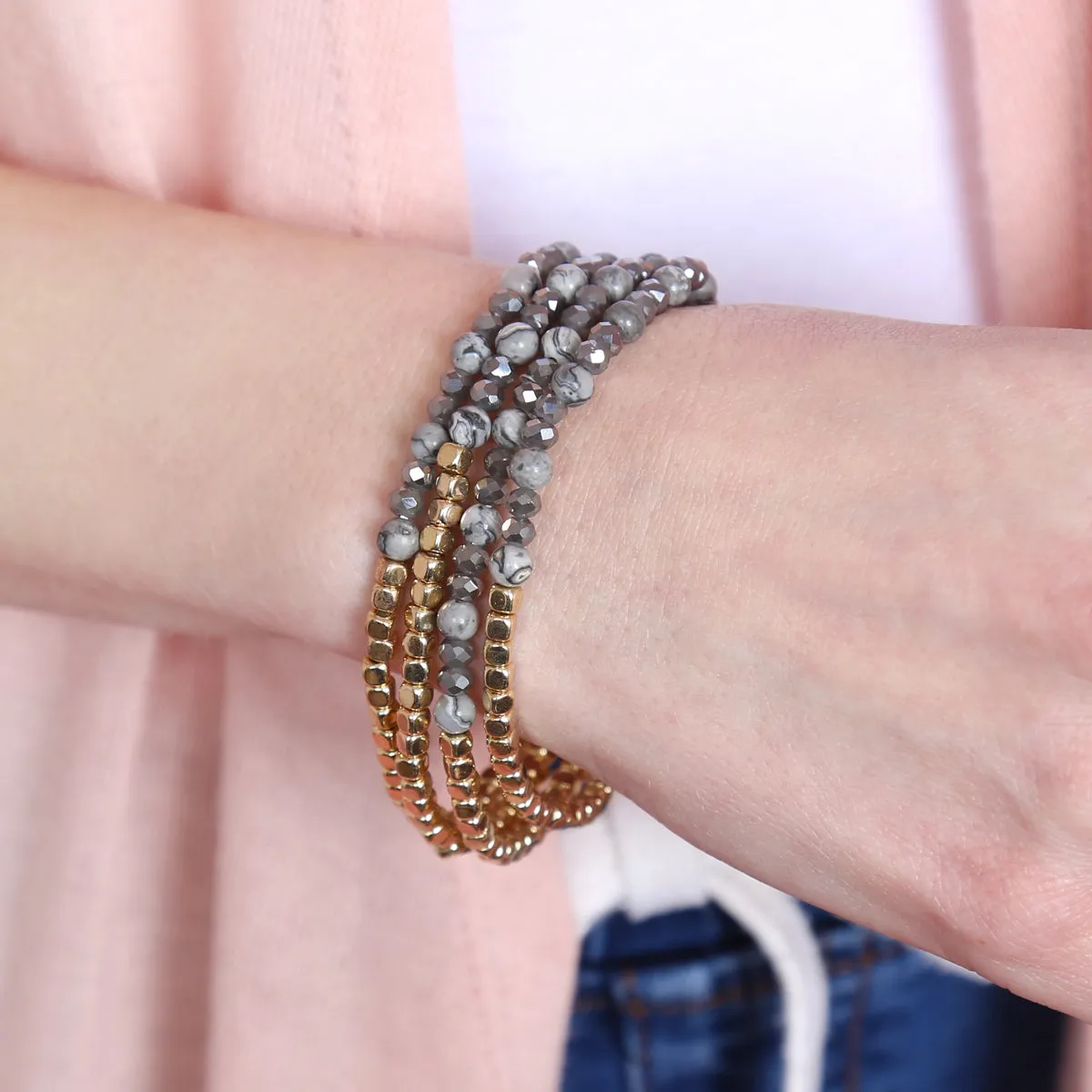 Hdb2274 - Brass, Stone, Glass Four Set Beads Bracelet