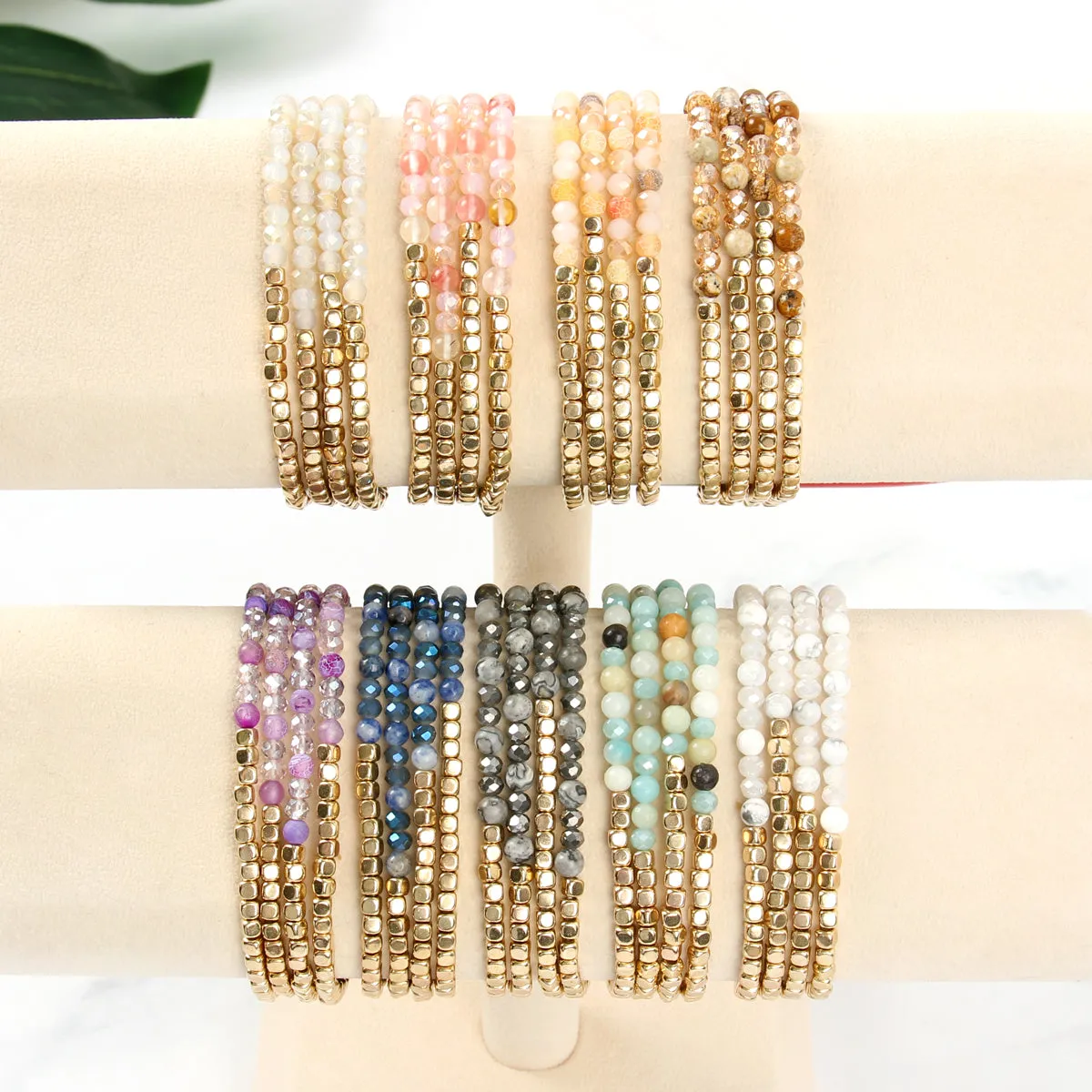 Hdb2274 - Brass, Stone, Glass Four Set Beads Bracelet
