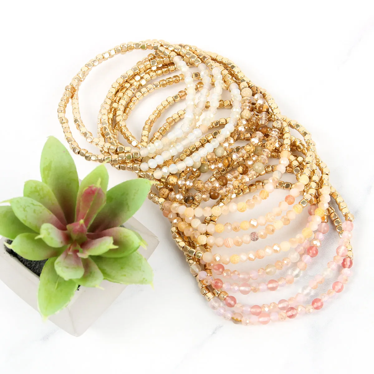 Hdb2274 - Brass, Stone, Glass Four Set Beads Bracelet