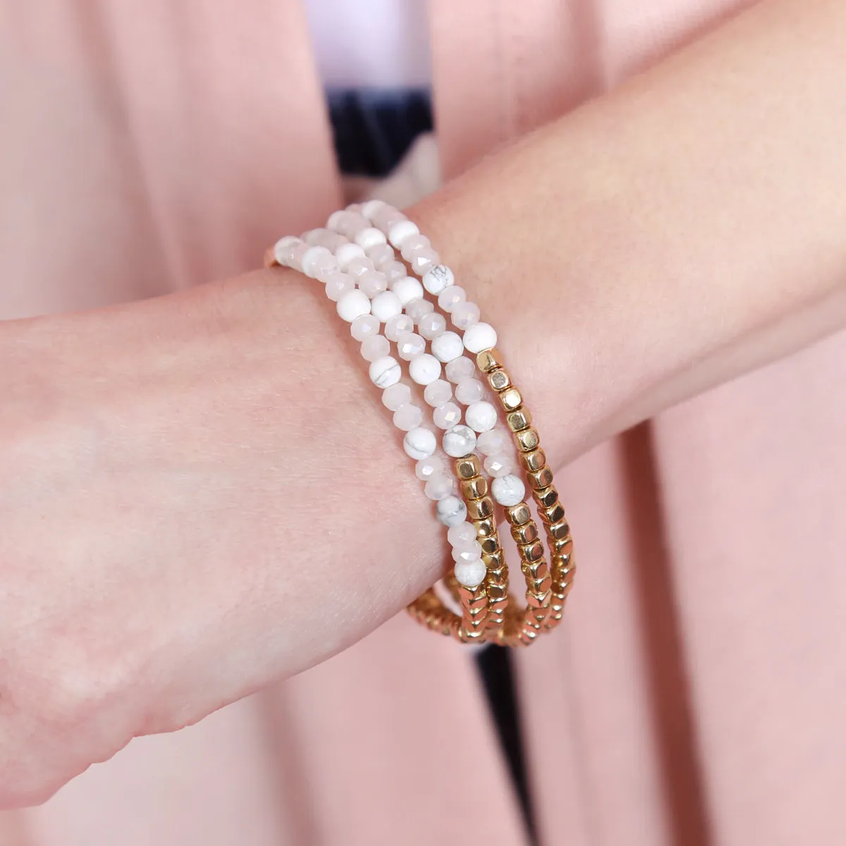 Hdb2274 - Brass, Stone, Glass Four Set Beads Bracelet
