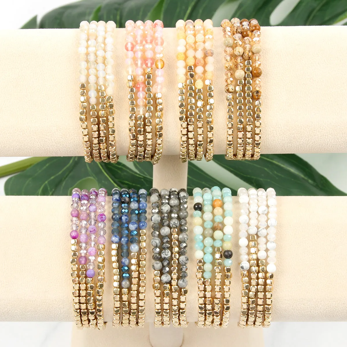 Hdb2274 - Brass, Stone, Glass Four Set Beads Bracelet