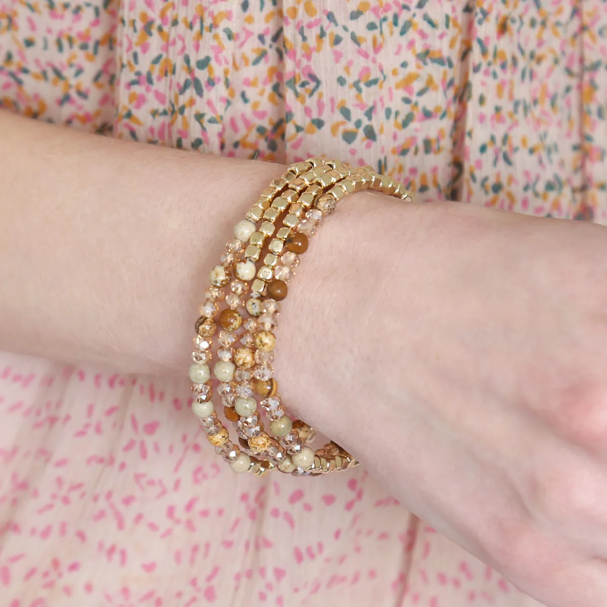 Hdb2274 - Brass, Stone, Glass Four Set Beads Bracelet