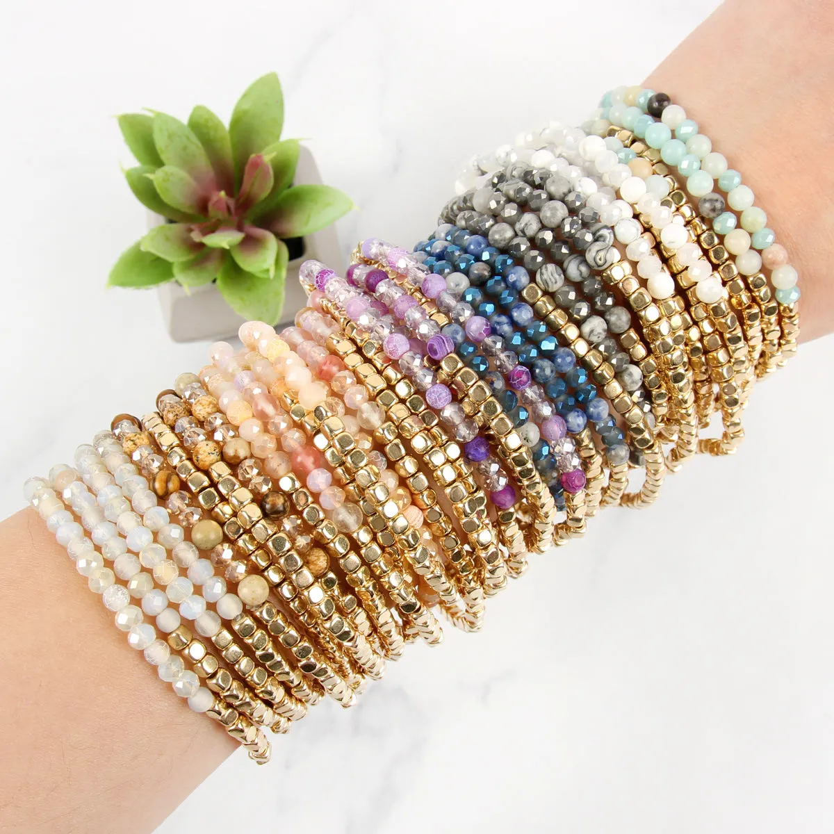 Hdb2274 - Brass, Stone, Glass Four Set Beads Bracelet