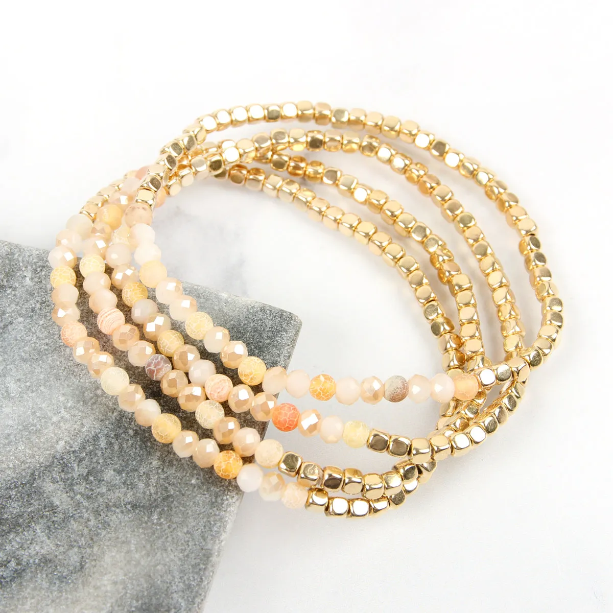 Hdb2274 - Brass, Stone, Glass Four Set Beads Bracelet