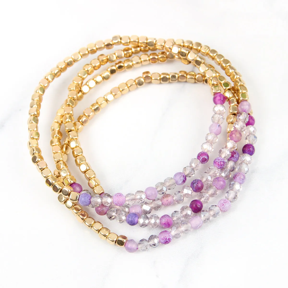 Hdb2274 - Brass, Stone, Glass Four Set Beads Bracelet
