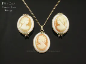 Hillcraft Cameo Necklace and Earrings Set Vintage 1960s