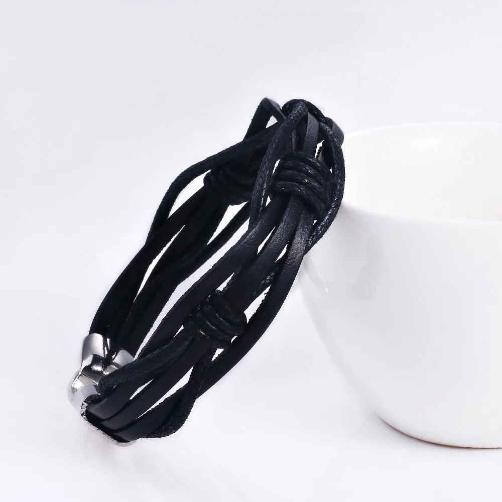 Hot fashion jewelry women leather bracelets genuine Zinc Alloy Black Wax rope Vintage Bracelets & Bangles