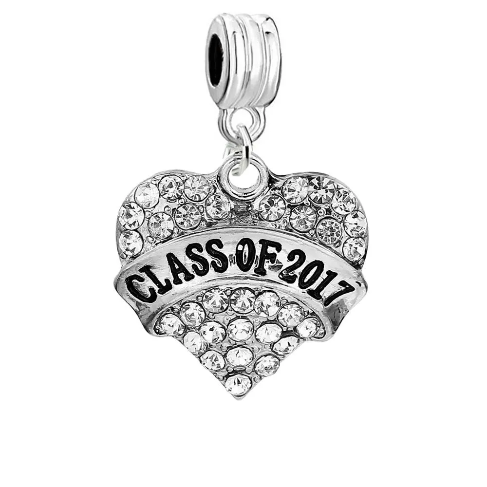 inch  Class Of 2017inch  Heart Rhinestones Graduation Spacer European Charm for Bracelets