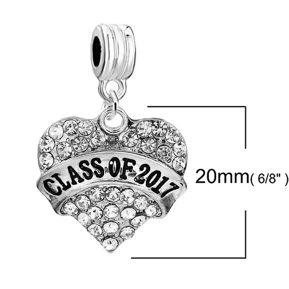 inch  Class Of 2017inch  Heart Rhinestones Graduation Spacer European Charm for Bracelets