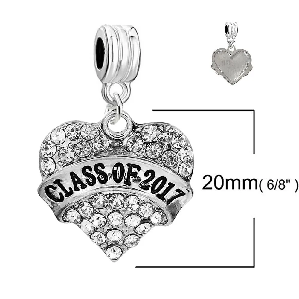 inch  Class Of 2017inch  Heart Rhinestones Graduation Spacer European Charm for Bracelets