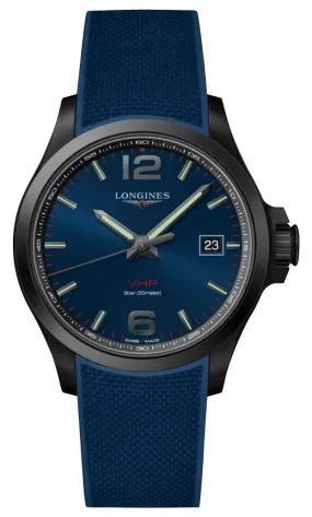 Longines Conquest V.H.P. Black PVD Blue Dial Blue Rubber Strap Perpetual Calendar Date Quartz Mens Watch L3.726.2.96.9