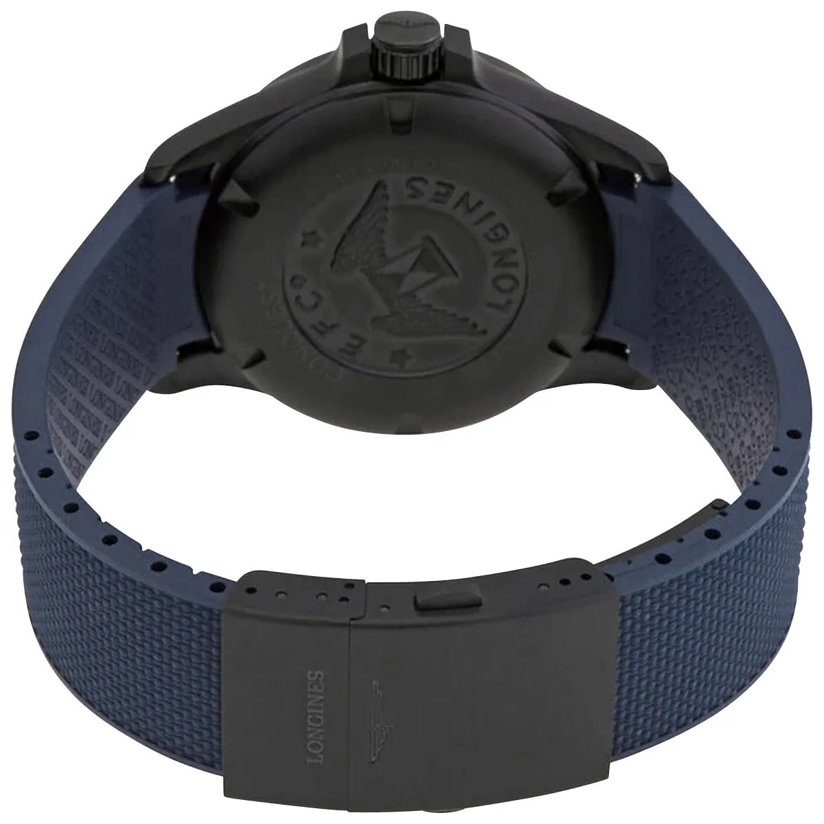 Longines Conquest V.H.P. Black PVD Blue Dial Blue Rubber Strap Perpetual Calendar Date Quartz Mens Watch L3.726.2.96.9
