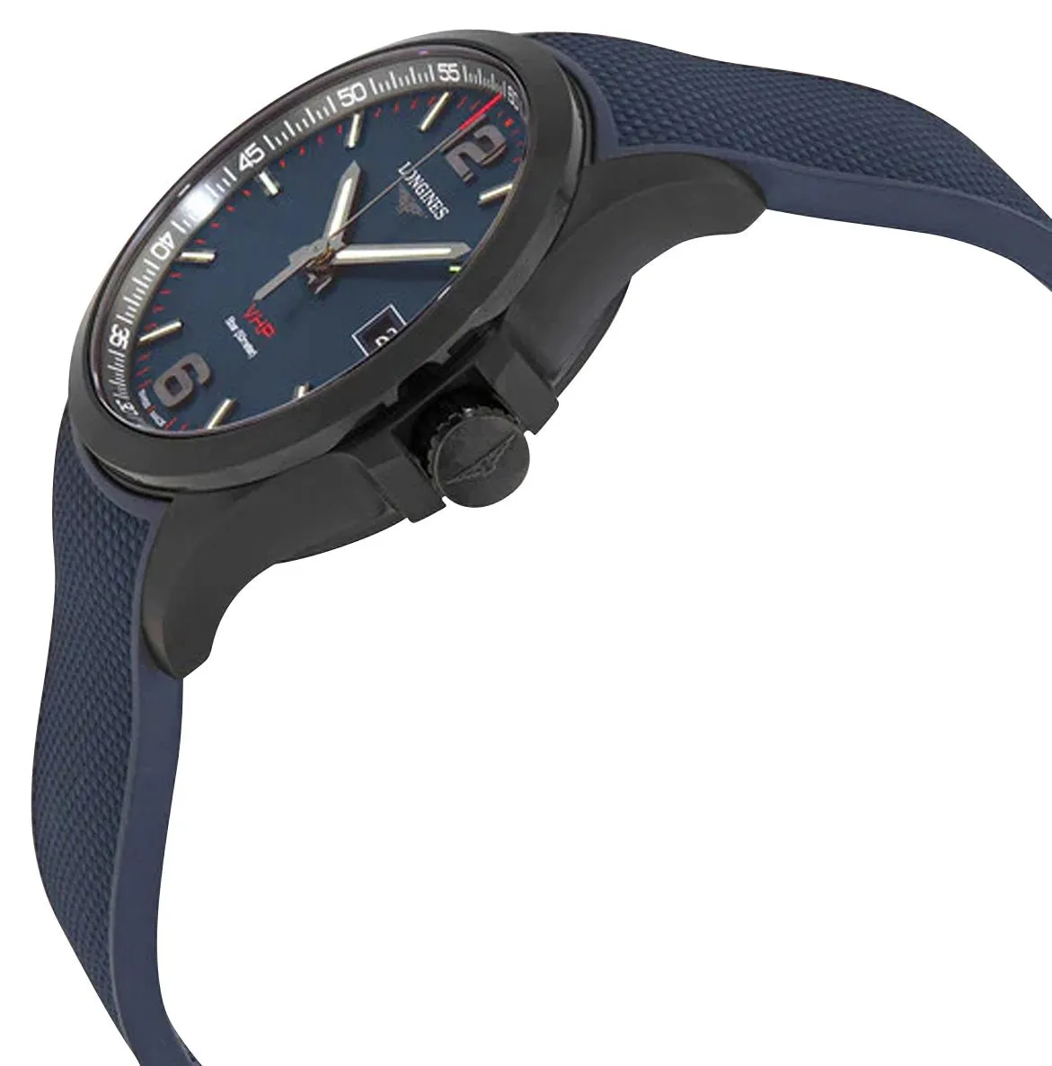 Longines Conquest V.H.P. Black PVD Blue Dial Blue Rubber Strap Perpetual Calendar Date Quartz Mens Watch L3.726.2.96.9