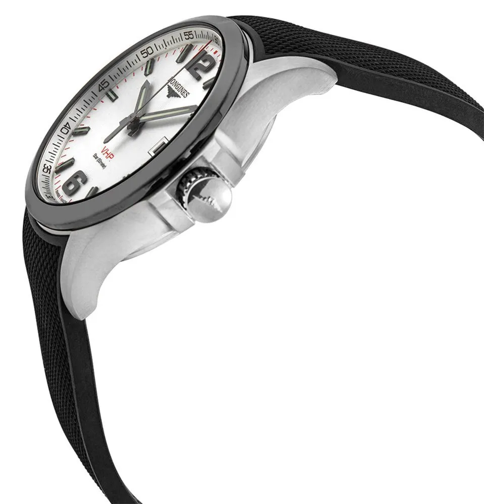 Longines Conquest V.H.P. Ceramic & Stainless Steel Silver Dial Black Rubber Strap Perpetual Calendar Date Quartz Mens Watch L3.729.4.76.9