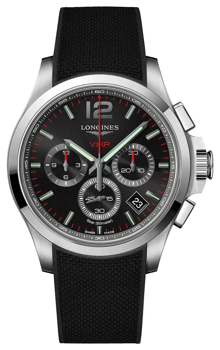 Longines Conquest V.H.P. Chronograph Stainless Steel Black Dial Black Rubber Strap Perpetual Calendar Date Quartz Mens Watch L3.717.4.56.9