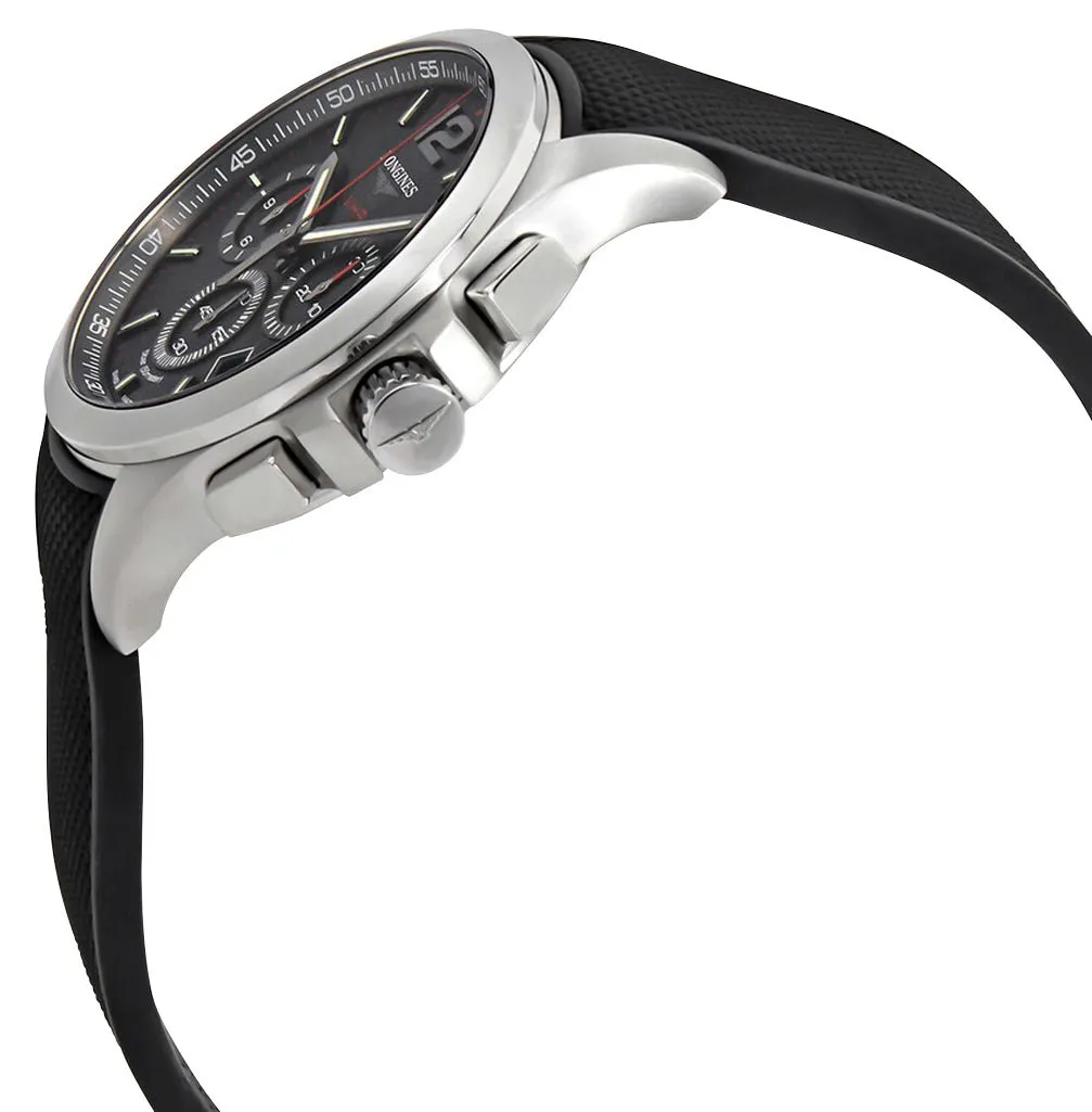 Longines Conquest V.H.P. Chronograph Stainless Steel Black Dial Black Rubber Strap Perpetual Calendar Date Quartz Mens Watch L3.717.4.56.9