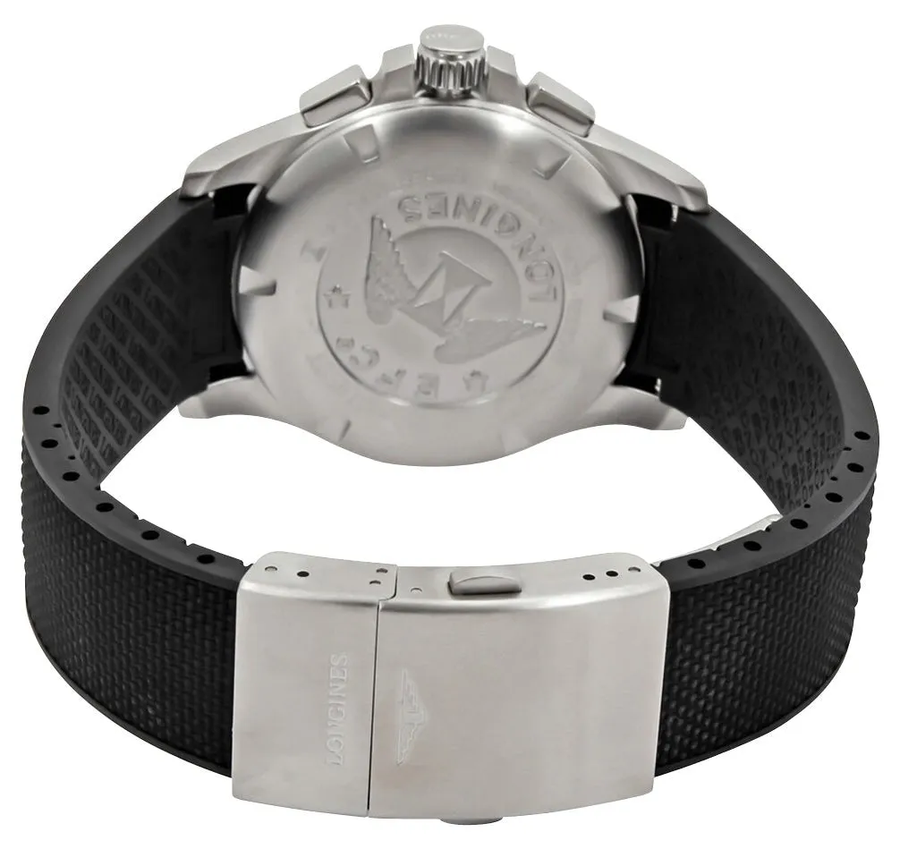 Longines Conquest V.H.P. Chronograph Stainless Steel Black Dial Black Rubber Strap Perpetual Calendar Date Quartz Mens Watch L3.717.4.56.9