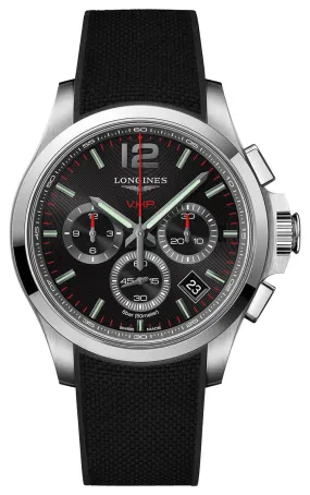 Longines Conquest V.H.P. Chronograph Stainless Steel Black Dial Black Rubber Strap Perpetual Calendar Date Quartz Mens Watch L3.717.4.56.9