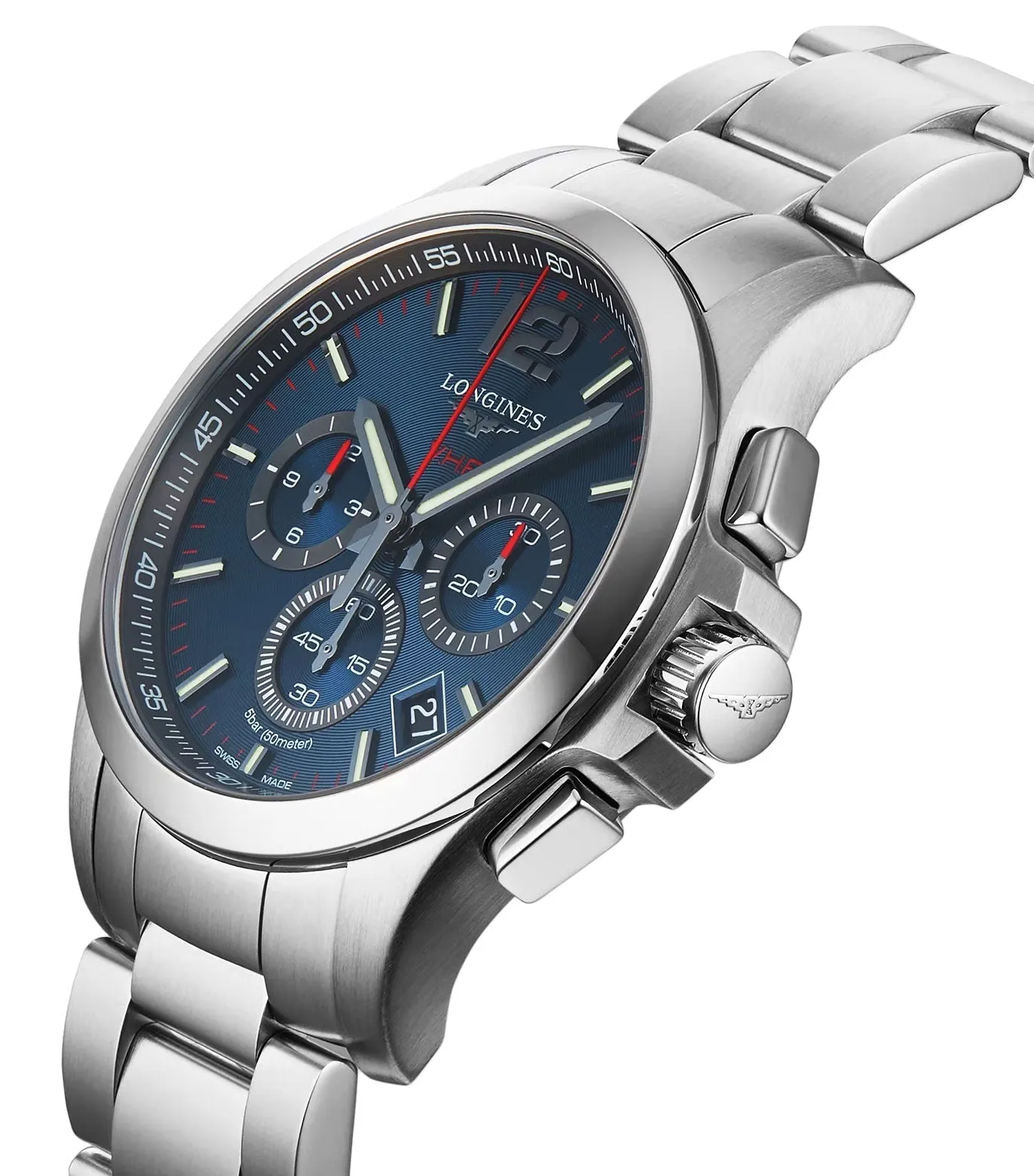 Longines Conquest V.H.P. Chronograph Stainless Steel Blue Dial Perpetual Calendar Date Quartz Mens Watch L3.717.4.96.6