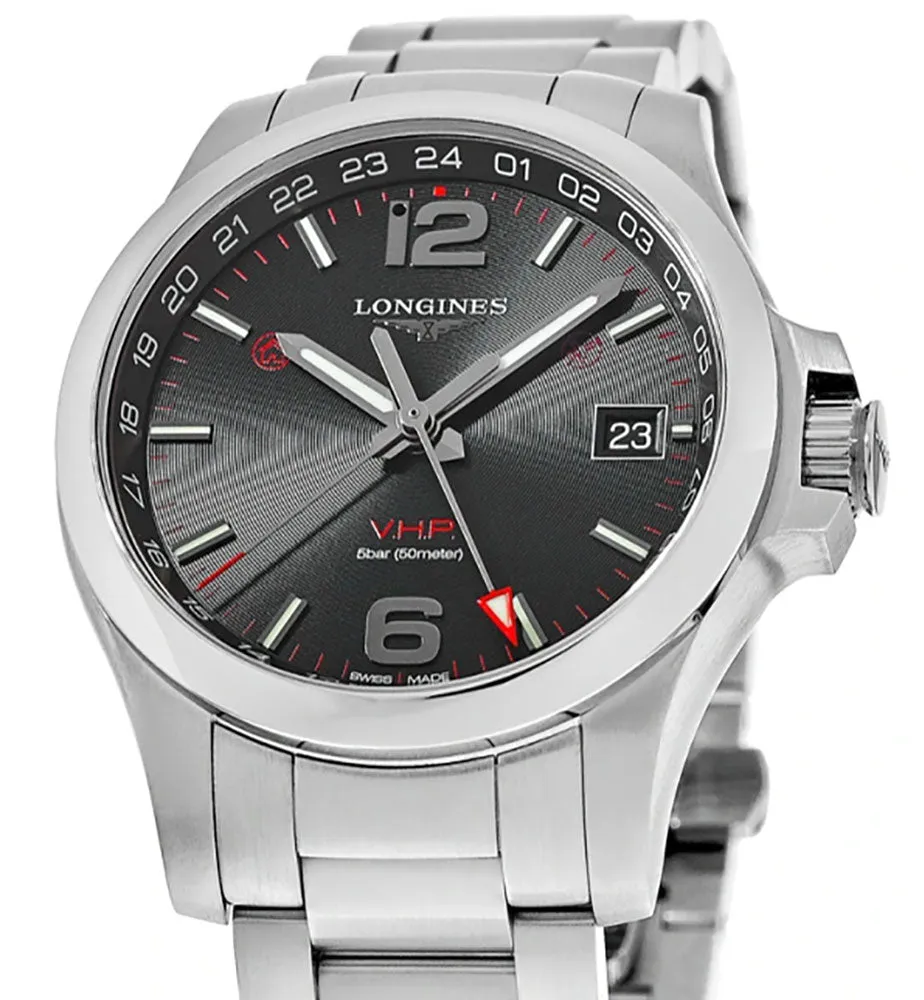 Longines Conquest V.H.P. GMT Stainless Steel Black Dial Perpetual Calendar Date Quartz Mens Watch L3.718.4.56.6