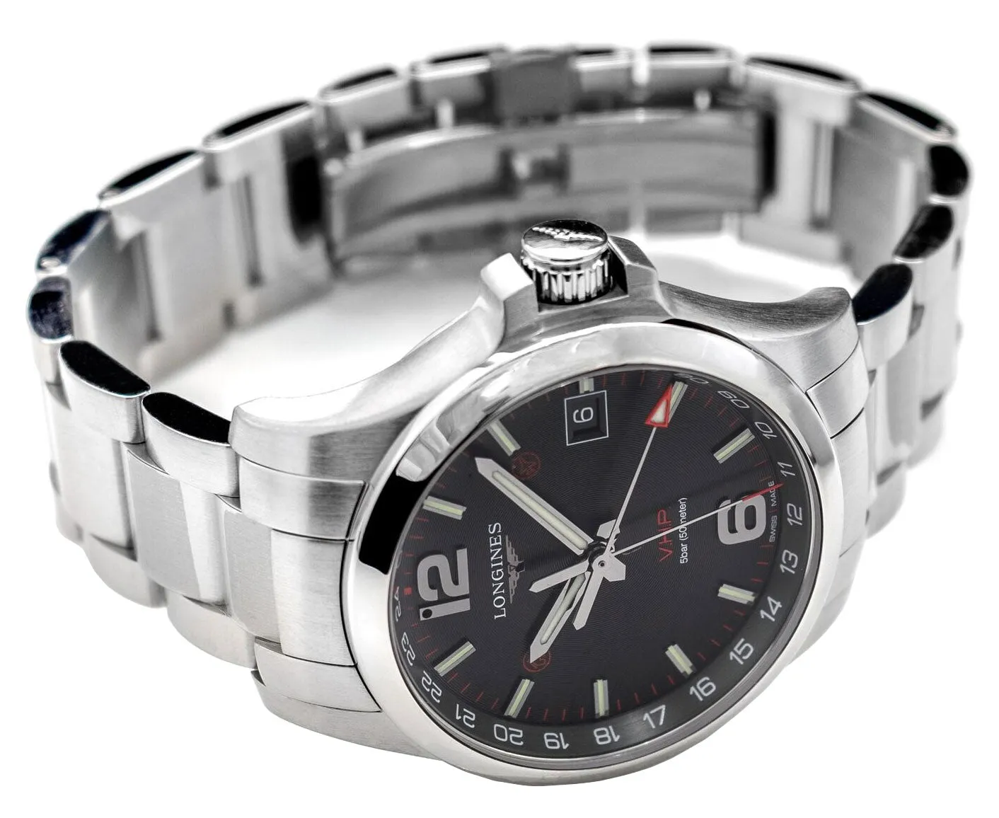 Longines Conquest V.H.P. GMT Stainless Steel Black Dial Perpetual Calendar Date Quartz Mens Watch L3.718.4.56.6