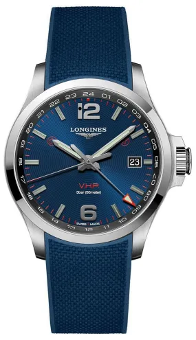 Longines Conquest V.H.P. GMT Stainless Steel Blue Dial Blue Rubber Strap Perpetual Calendar Date Quartz Mens Watch L3.728.4.96.9