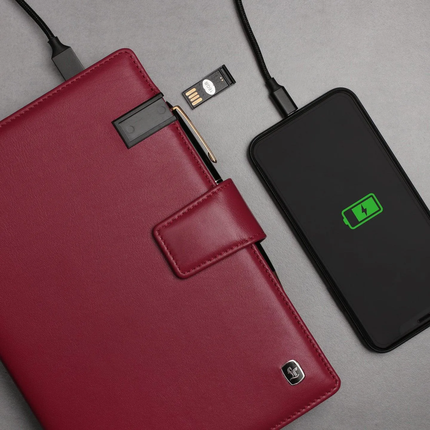 LT Smart Notebook 2.0 Wireless Charging & 16 Gb Pen Drive With Power Bank (5000 mAh) | I phone Wireless Charger | Smart Notebook with Power Bank | Color: Cherry