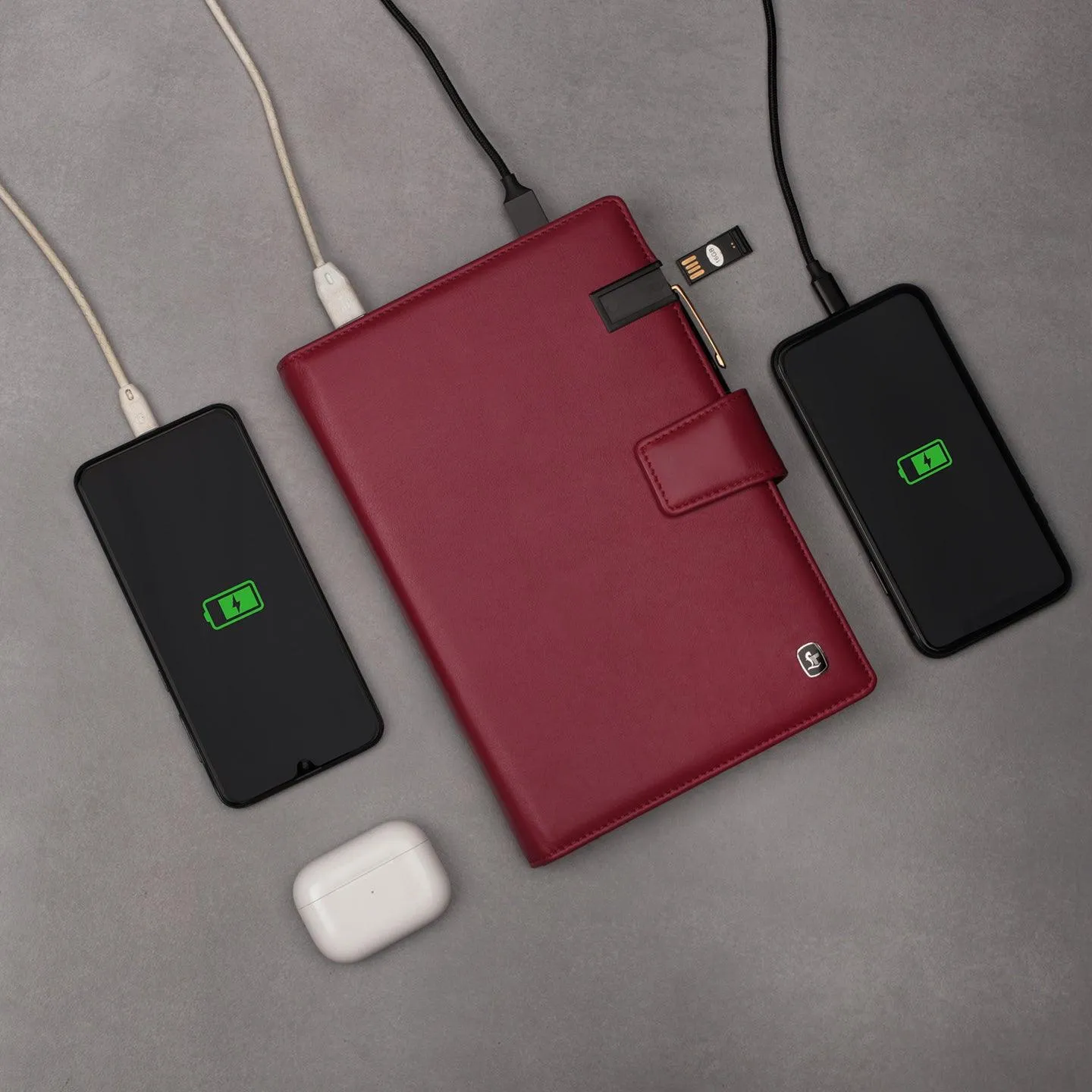 LT Smart Notebook 2.0 Wireless Charging & 16 Gb Pen Drive With Power Bank (5000 mAh) | I phone Wireless Charger | Smart Notebook with Power Bank | Color: Cherry
