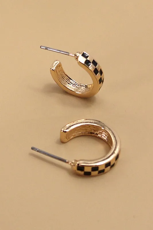 Mini Checkered Hoop Huggie Earrings