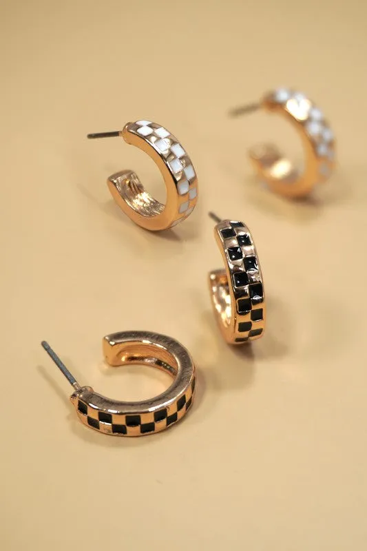 Mini Checkered Hoop Huggie Earrings