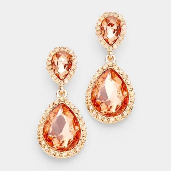 Miro Peach & Rose Gold Crystal Double Teardrop Earrings