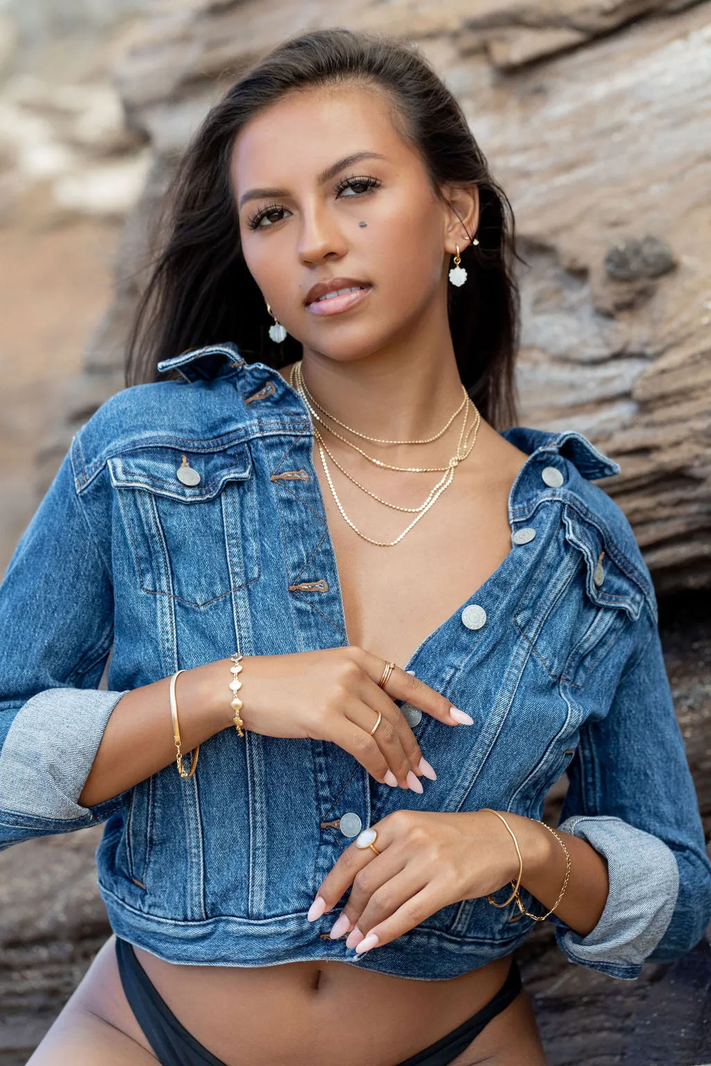 Mother of Pearl and Gold Shell Charm Huggie Hoop Earrings - Lanikai