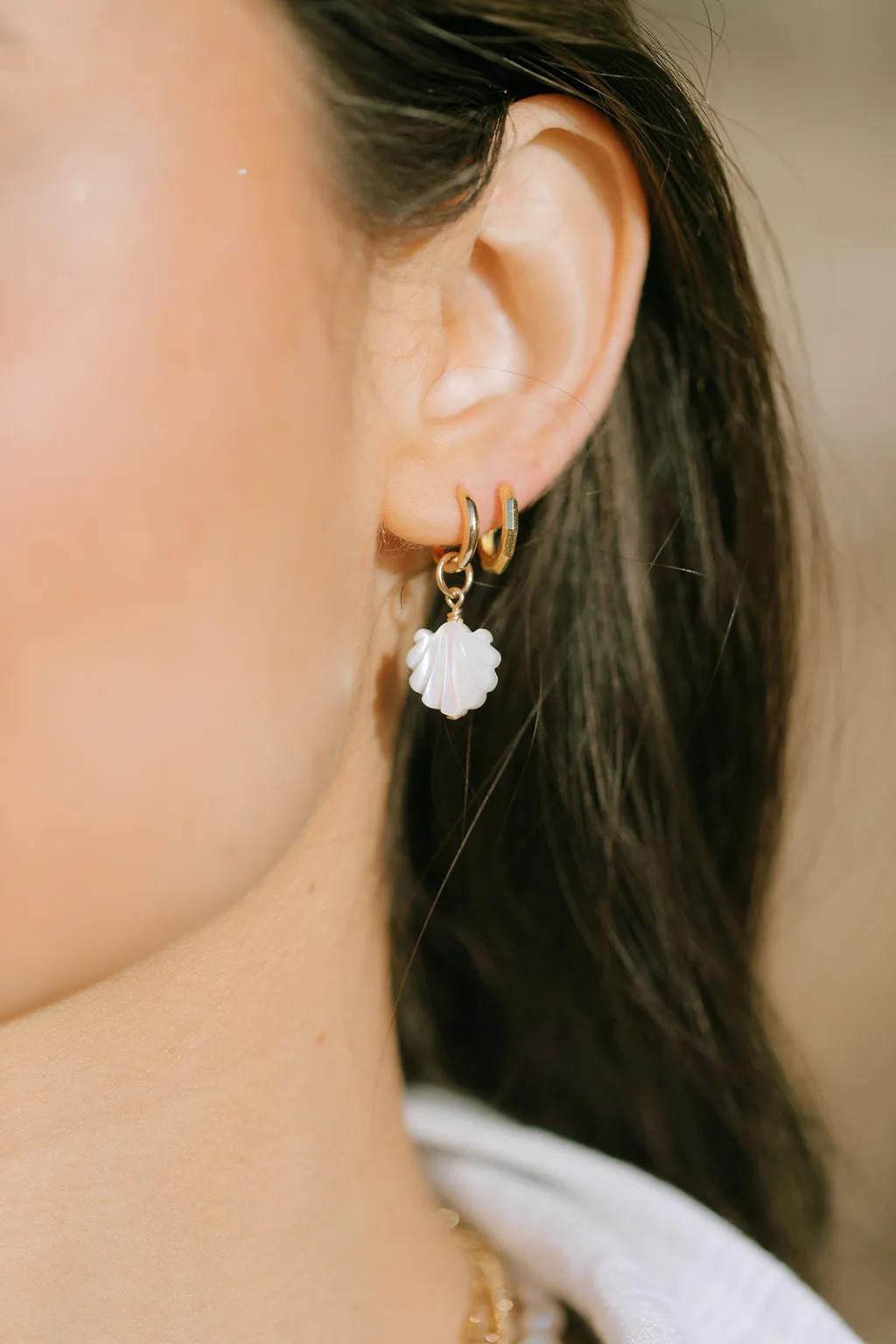 Mother of Pearl and Gold Shell Charm Huggie Hoop Earrings - Lanikai