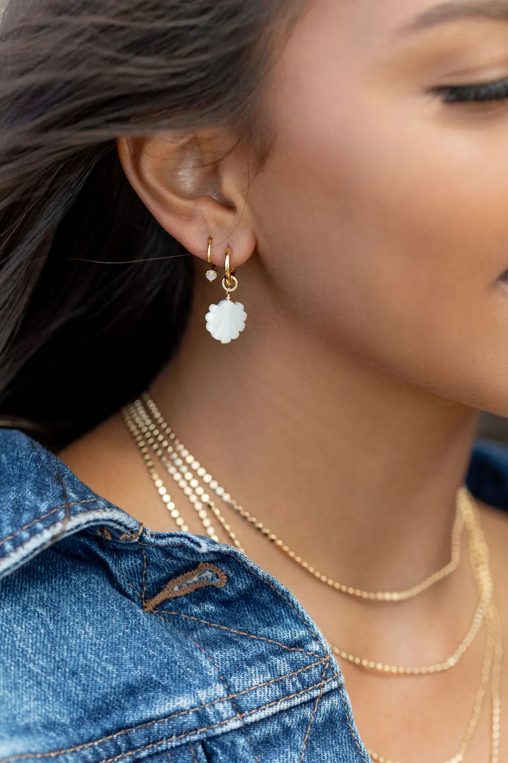 Mother of Pearl and Gold Shell Charm Huggie Hoop Earrings - Lanikai