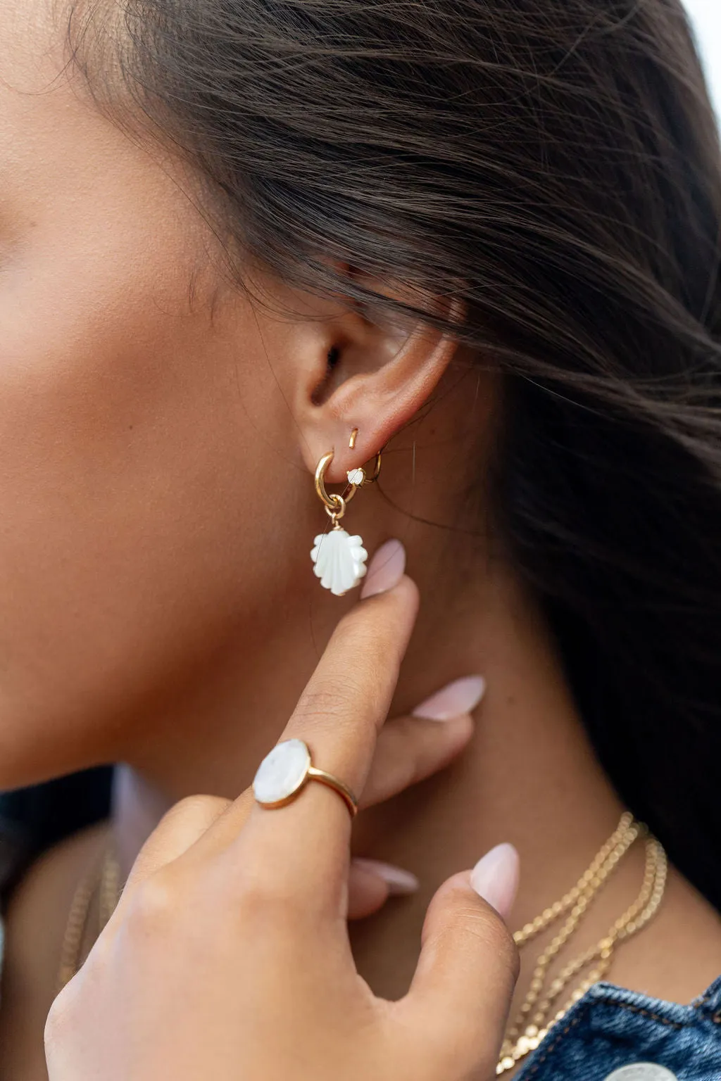 Mother of Pearl and Gold Shell Charm Huggie Hoop Earrings - Lanikai